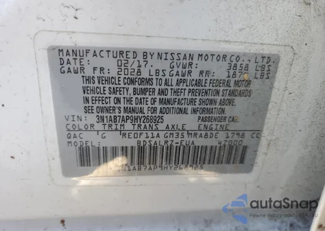 2017 Nissan Sentra S из США, поврежденный, VIN 3N1AB7AP9HY268925